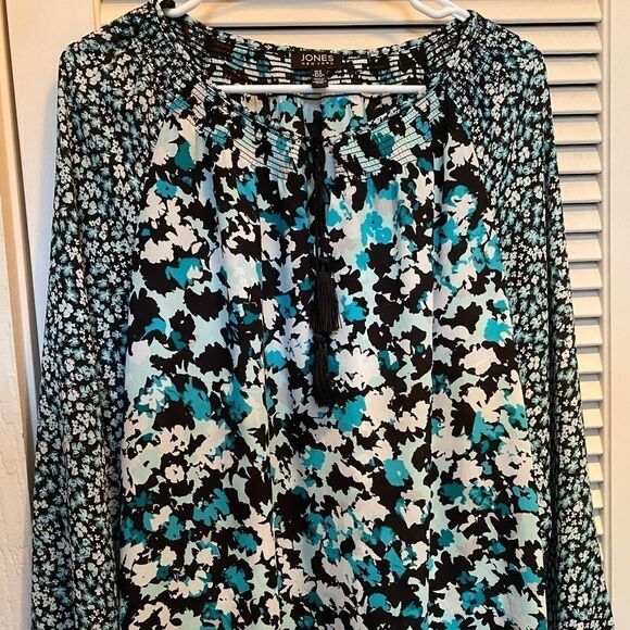 Jones New York Black Teal Floral Boho Peasant Top - Picture 8 of 8